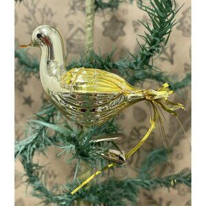 Vintage Ornament Gold Mica Glass Mercury Bird Swan Clip Christmas Tinsel READ